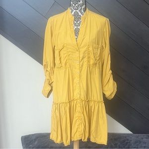 💥Zara Drop Waist Shift Shirt Dress Mustard Long Sleeve Button‎ Ruffle💥